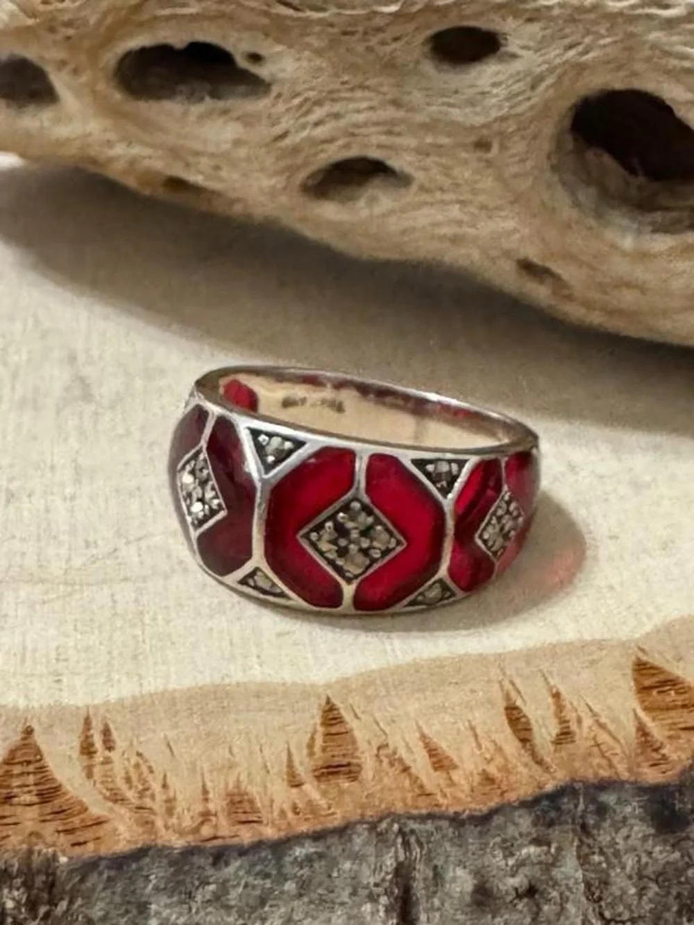 VINTAGE Sterling Silver Marcasite Red Ring by PRANDA Size 6
